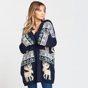 Show Me Your Mumu small navy blue cream easy cardi moose buddies knit reindeer